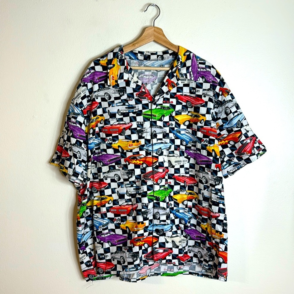 Unbranded Men's Muscle Car Checkerboard Button Down Shirt Multicolor Size XL